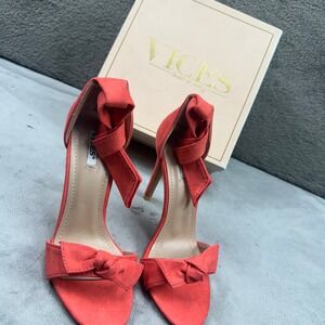 Vices Coral Pink Faux Suede Bow Stiletto Sandals Ankle Tie Heels 1227-44-35